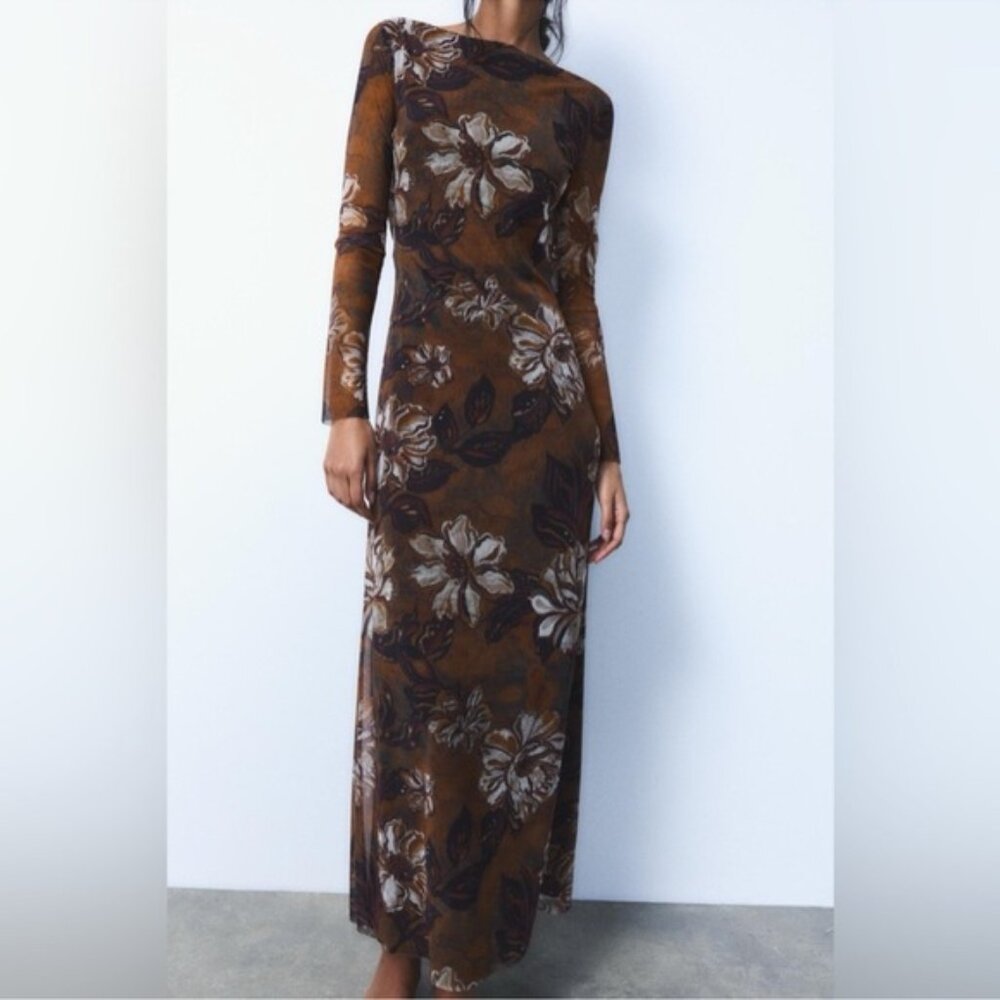 Zara Brown Floral Mesh Maxi Dress